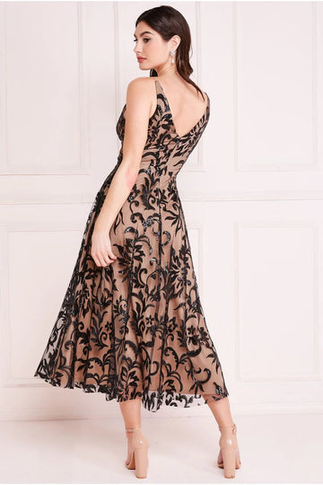 Sequin Mesh V-Neck Flared Skirt Midi Goddiva